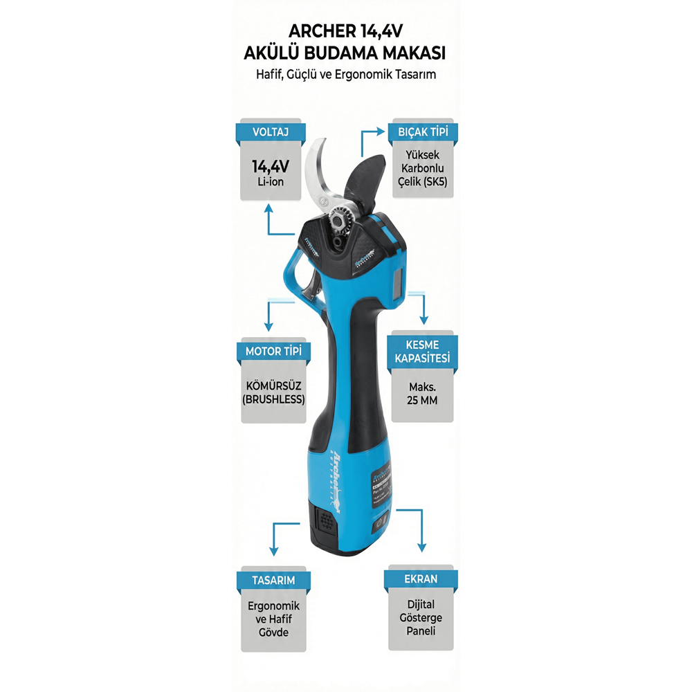 AKÜLÜ BUDAMA MAKASI ARCHER 14,4V
