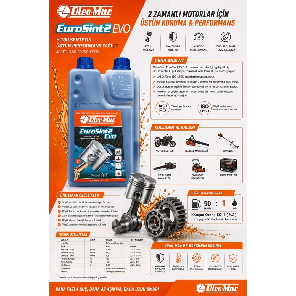 MOTORLU TESTERE/MOTORLU TIRPAN YAĞI OLEOMAC 1 LİTRE 2T (İKİ ZAMANLI) ORJİNAL