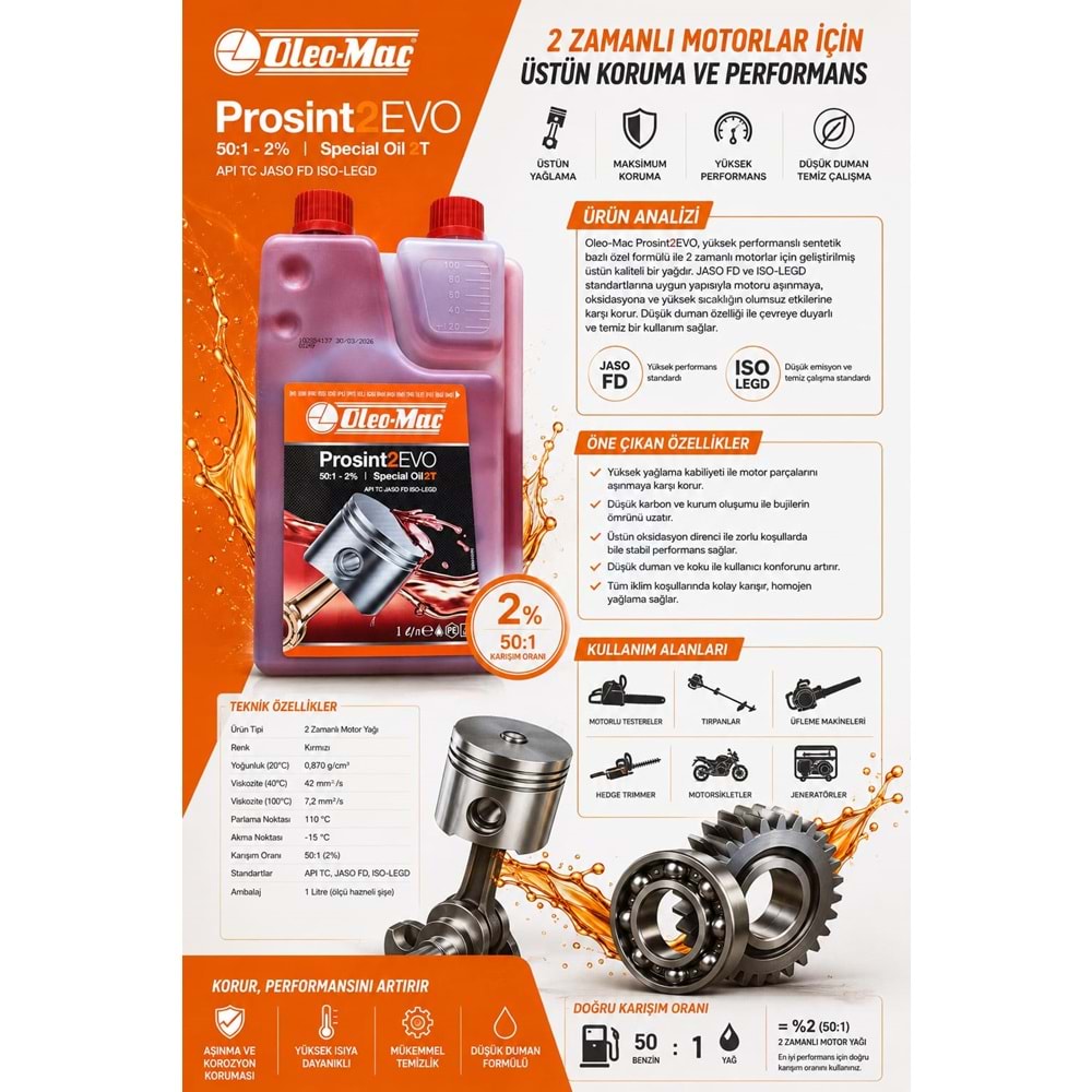 MOTORLU TESTERE/MOTORLU TIRPAN YAĞI OLEOMAC 1 LİTRE 2T (İKİ ZAMANLI) ORJİNAL
